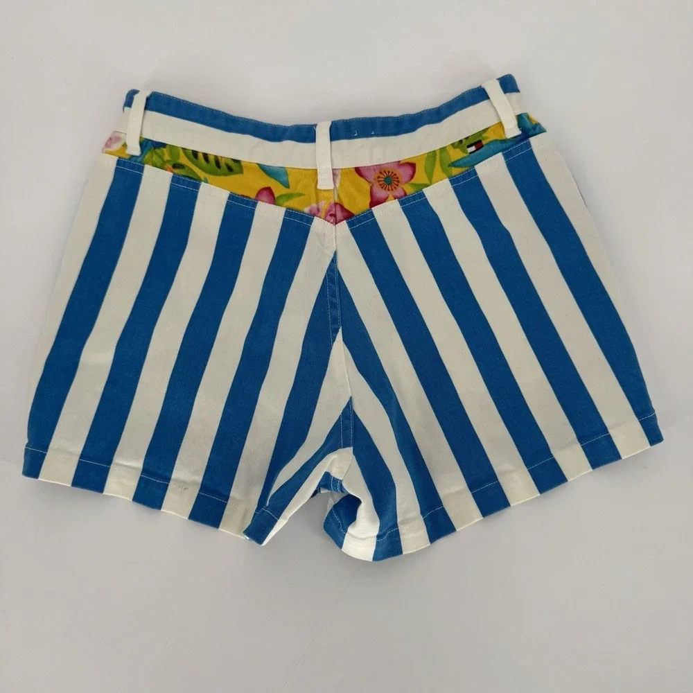 Tommy Hilfiger‎ Y2K Stripe Shorts Women's 4 Blue White Coastal Tropical Floral